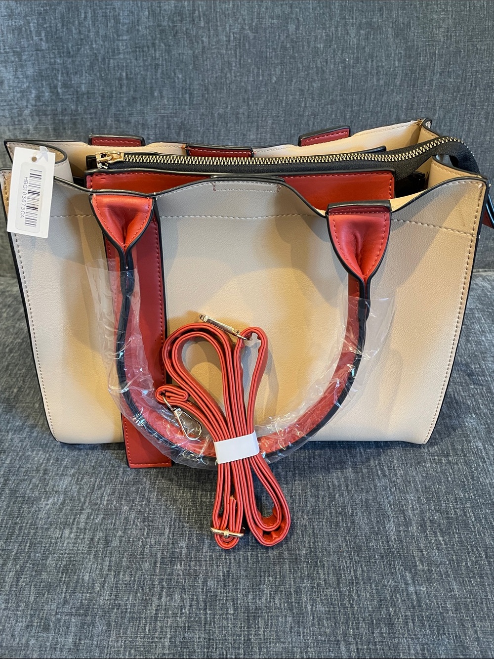 NEW Medium-size three-compartment handbag, Tan with burnt sienna colored straps
